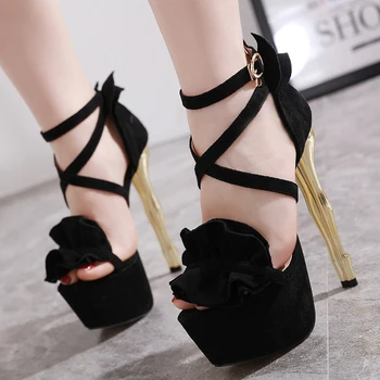 

Sandalha Feminina Sexy Cross Strappy Heels Sandals Black Suede High Heels Women Gladiator Sandals Strange Heel Flower Shoes