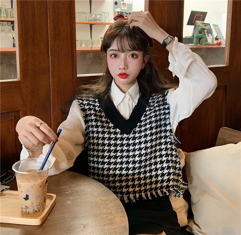 

Photo Shoot 2020 Korean-style Contrast Color Pattern Tweed Waistcoat + Casual Long-sleeved Chiffon Shirt Two-Piece Women's