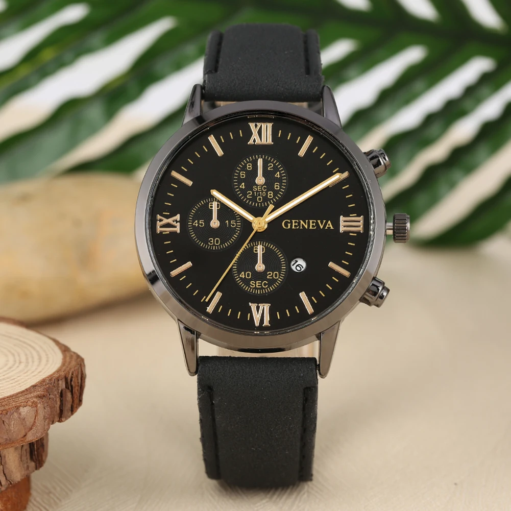 

Business Men Quartz Watch Black/Golden/Rose Golden Analog Dial With Roman Numerals Calendar Dial Brown Leather Strap Dad Gifts