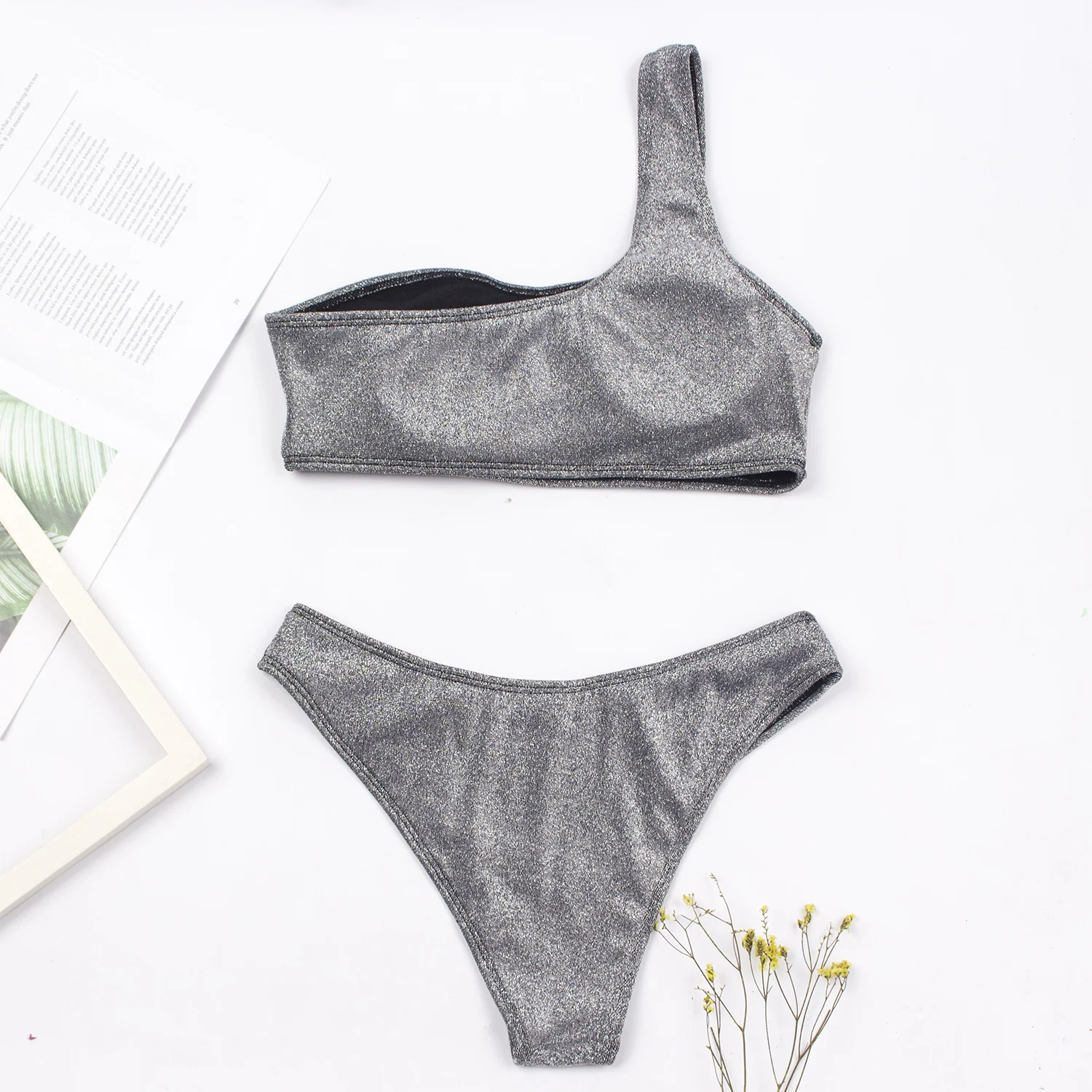 Women Sexy Bikini Set One Shoulder Blingbling Swimsuit Two Piece Glitter Solid Color Swimwear