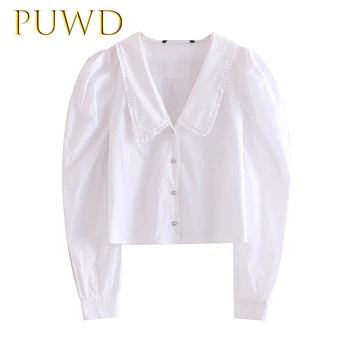 

PUWD 2019 New loose cotton V-collar white shirt ladies jewelry decorative poplin shirt