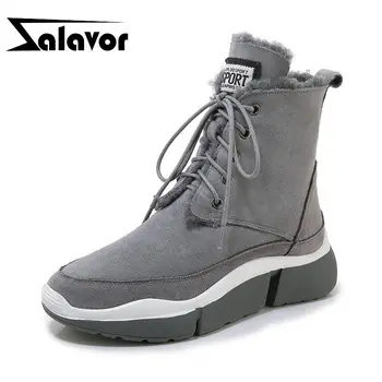 

ZALAVOR 5 Color Genuine Leather Snow Boots Lace Up Plush Fur Winter Shoes Woman Round Toe Ankle Boots Footwear Size 35-39