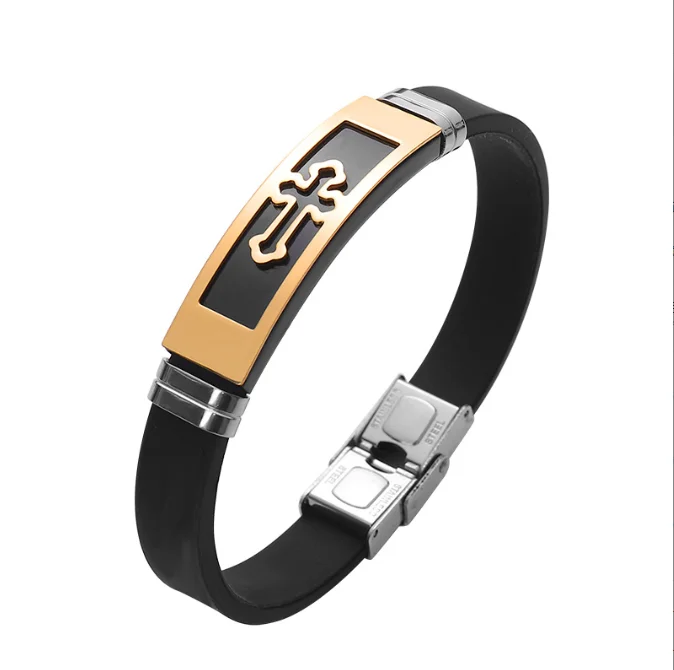Fashion Charm Jewelry Stainless Steel Cross Silicone Bracelet Vintage Titanium Steel Bracelets Bangles Cuff Bracelet Men