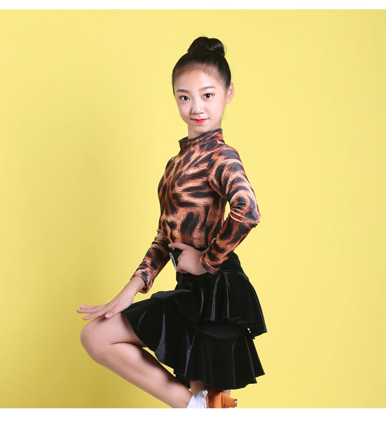 Детский костюм для латинских танцев; сезон осень-зима; одежда для занятий леопардовым принтом с длинными рукавами для девочек; одежда для танго и самбы; DQL2575