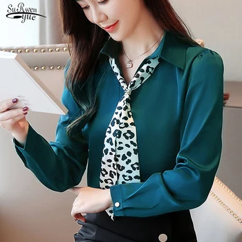 

Ladies Tops Spring Blusas Mujer De Moda 2020 Chiffon V-Neck Long Sleeve Spliced Leopard Solid White Blouse Women Shirts 8354 50