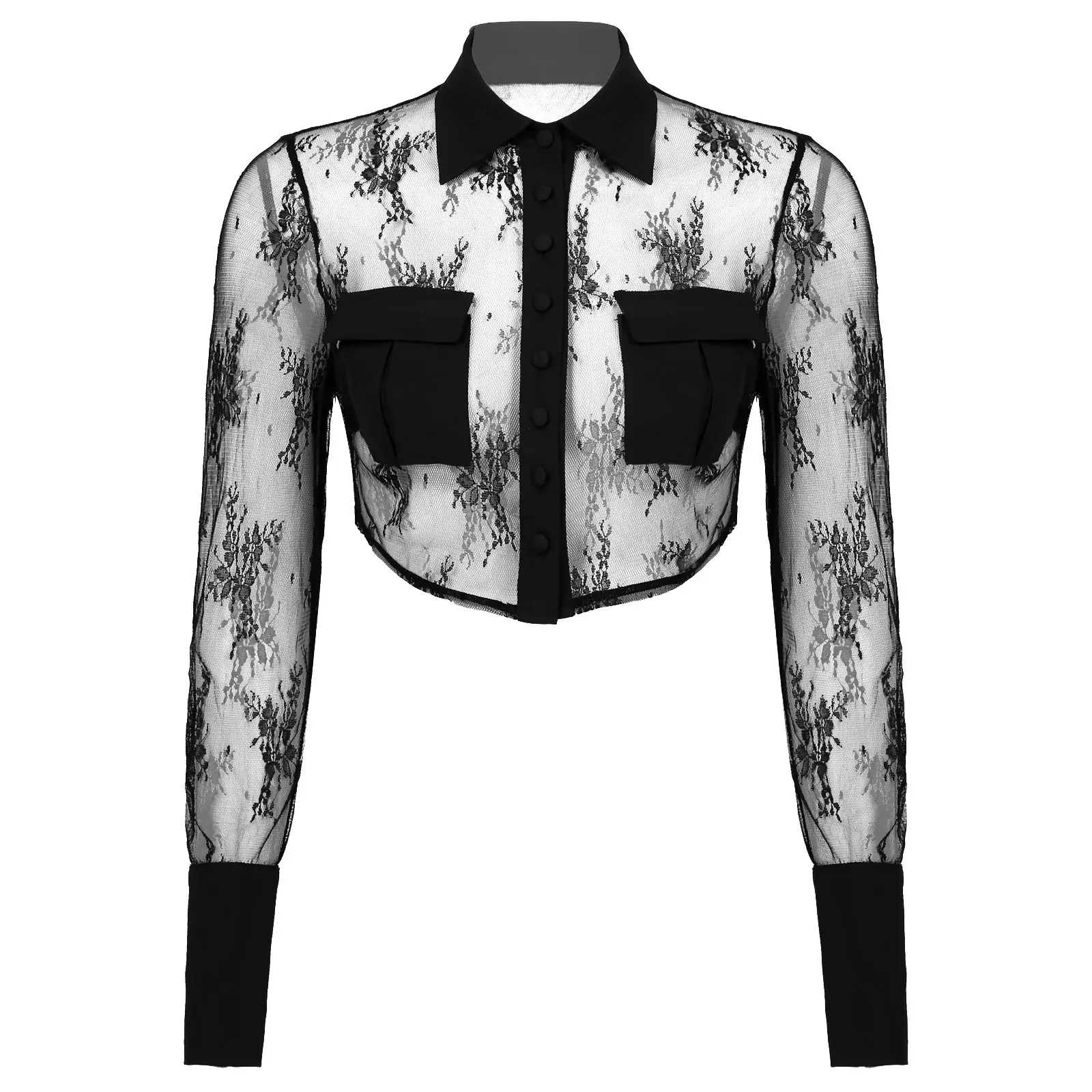 Womens Erotic Shirt Crop Top See through Mesh Floral Lace Cropped Tank