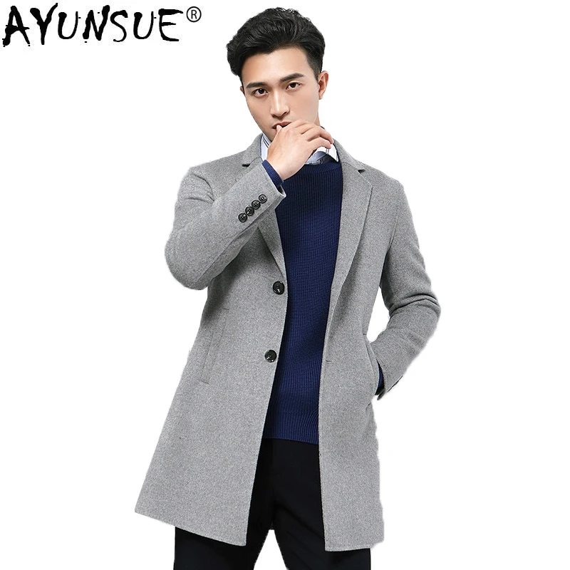 

AYUNSUE Men's Coat Long Jacket Wool Coat Men Double Face Woolen Overcoat British Style Grey Peacoat Jackets Erkek Mont -01-1813