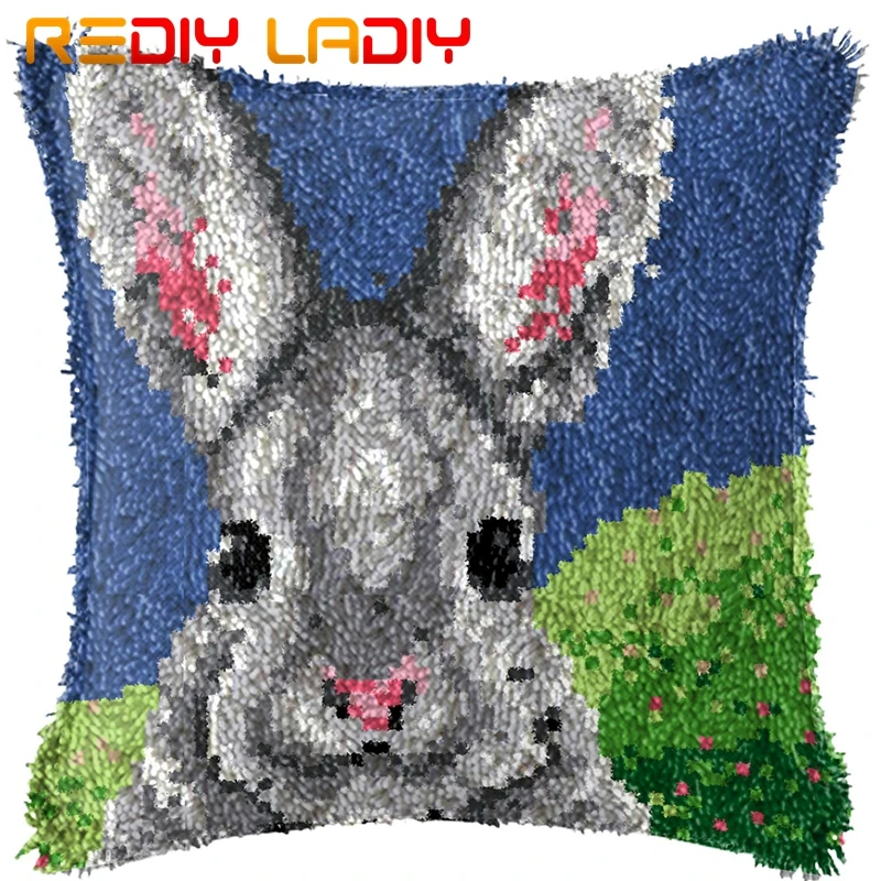 

Latch Hook Cushion Grey Rabbit Pillow Case Pre-Printed Color Canvas Acrylic Yarn Latched Hook Pillow Crochet Cushion Cover Kits