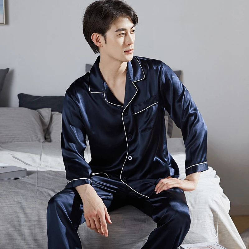 100% Real Silk Pajamas Set For Men Spring Pijamas Homme 2Pieces Man Blue Long Sleeve Button-Down Home Clothes Sleepwear PJ Sets