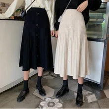 Зимняя трикотажная юбка женская черная с высокой талией плиссированная юбка однобортная трапециевидная длинная Flade размера плюс короткая юбка