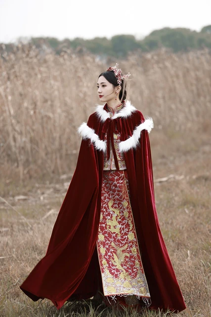 Winter Bridal Wrap Dark Red Wedding Cloak Floor Length Velvet Cape for Bride  - AliExpress