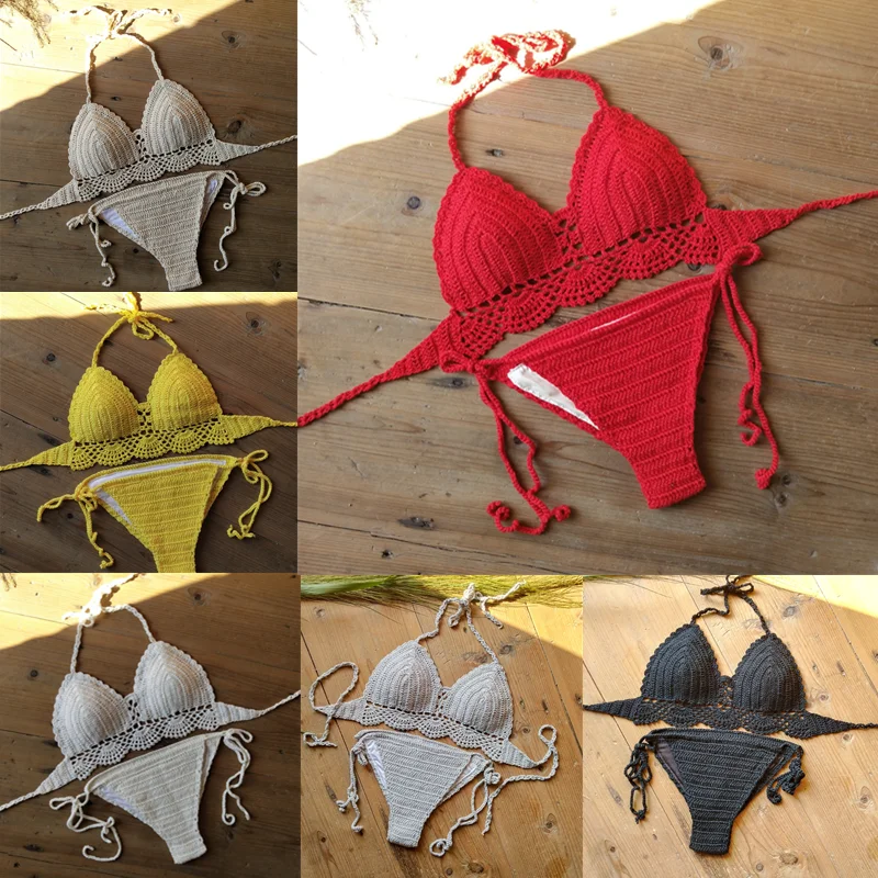  Beach Hand Crochet Crop Top Bikini Set Boho Sexy Bra Swimwear Bathing suit