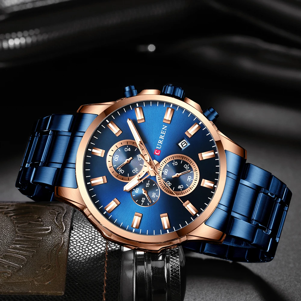 CURREN Chronograph Mens Watches Top Brand Luxury Business Watch Men Clock Relogio Masculino Waterproof Quartz Blue Wristwatch