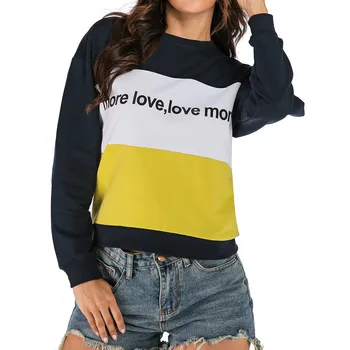 

Vogue Letter Printed Round Neck Long Sleeve Contrast Stitching Sweatshirt Top O Collar Black Sweatshirt Casual Women