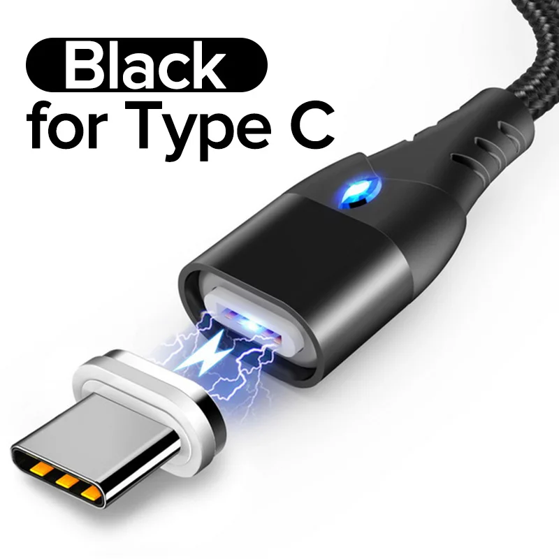 Магнитный USB кабель типа C 3а провод для быстрой зарядки 3 в 1 провод магнит 1 м нейлоновое зарядное устройство Kable для samsung Galaxy S10 S9 S8 Note 9 8 - Цвет: Black