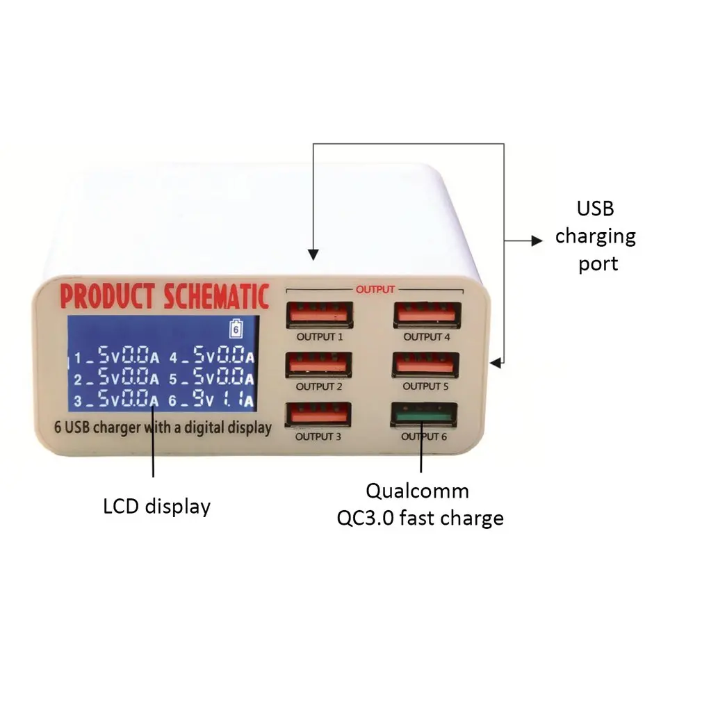 6A с ЖК-цифровым дисплеем, 6 портов, USB зарядное устройство, быстрая умная зарядная станция для смартфона, планшета, ПК