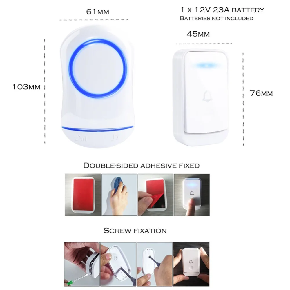 SMATRUL New Waterproof Wireless Doorbell EU Plug 300M Remote smart Door Bell Chime ring  1 2 button 1 2 3 receiver no battery Deaf Gorgeous lighting black 100