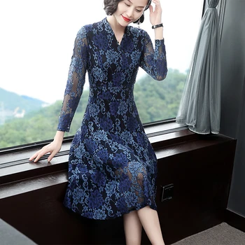 

New Fashion Women dress Lace Slim O In Accordance With Long Silk Someone Smell Dresses Sapphire 8057