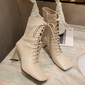

INS Luxury Brand Women Ankle Boots 2020 Winter Beige Block High Heels Square Toe Chelsea Boots High Quality Lace Up Martin Boots