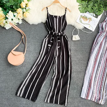 

beach holiday style vintage long women jumpsuits striped printed v-neck straped wide leg ankle length long pants female jumpsuit