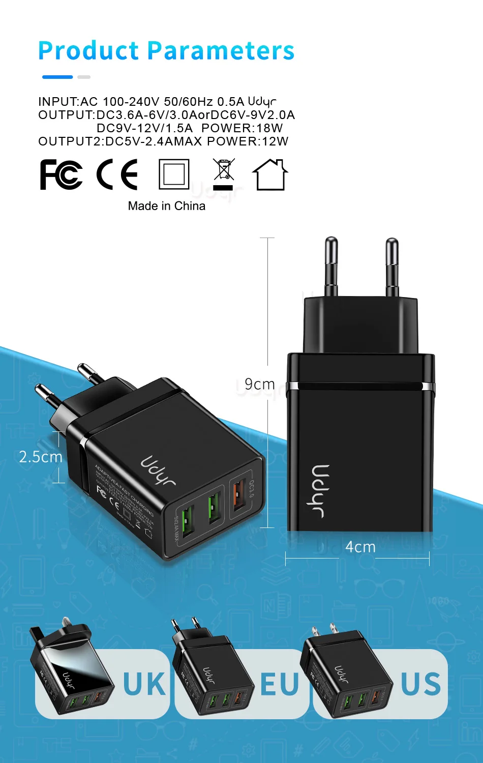 Udyr Быстрая зарядка 3,0 QC 18 Вт USB зарядное устройство QC3.0 быстрое настенное зарядное устройство для samsung s10 Xiaomi iPhone huawei зарядное устройство для мобильных телефонов