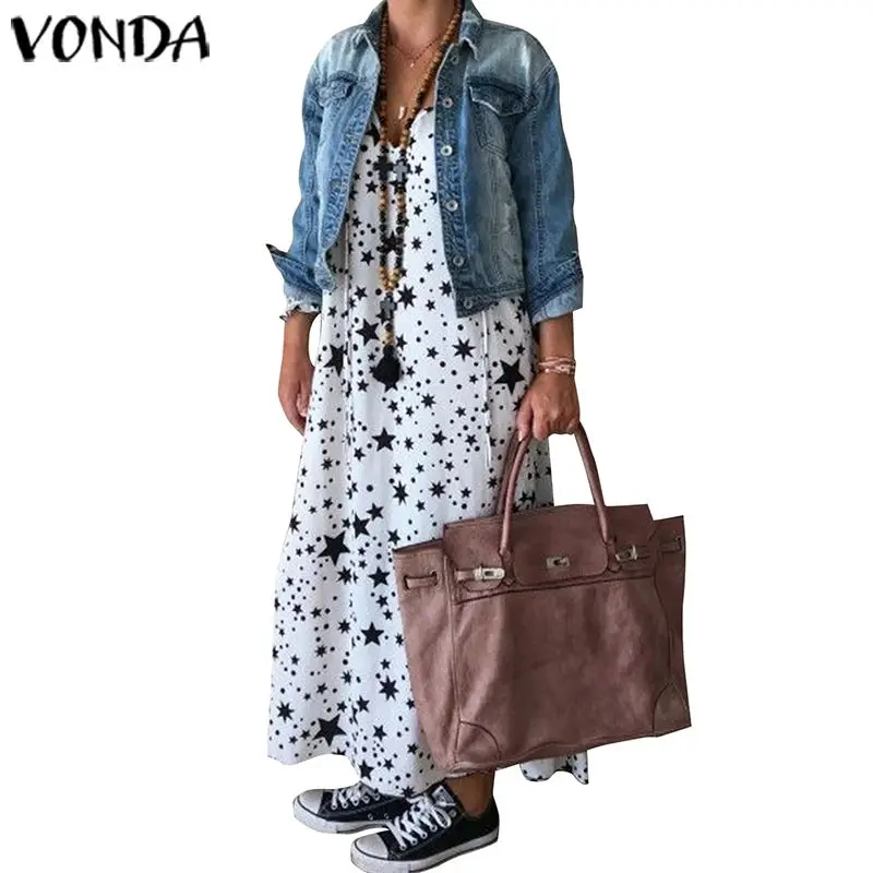 Винтажные плиссированные платья с принтом звезды VONDA длинные платья на каждый день Осенние Длинные рукава Макси Вечерние платья плюс