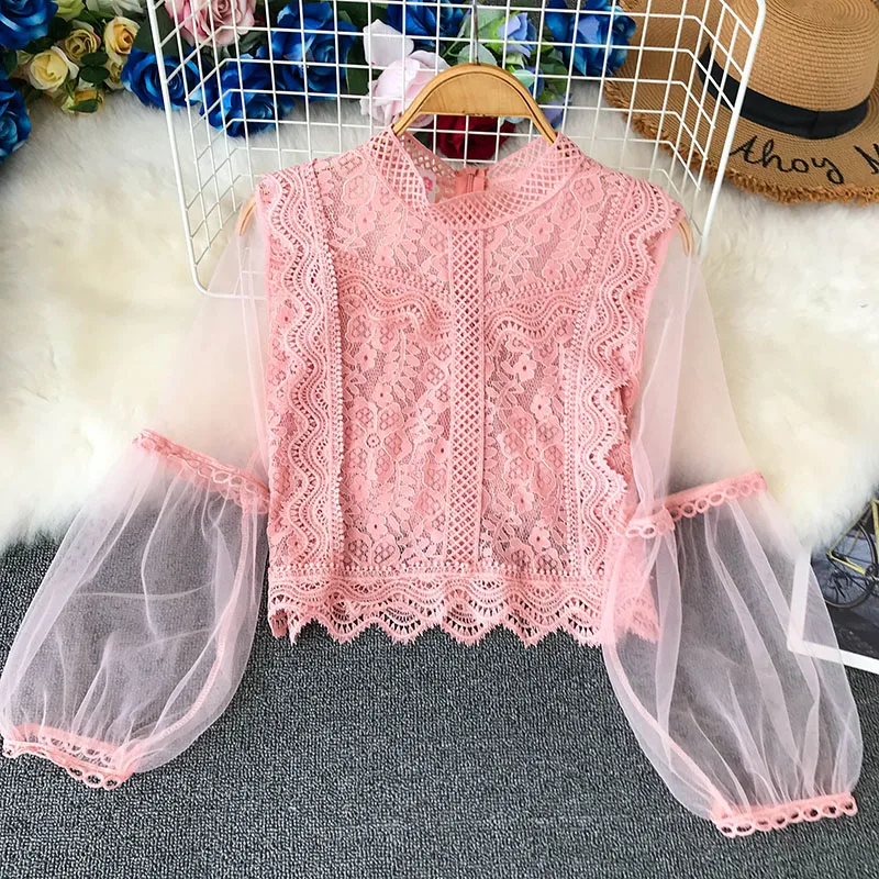 

New collection Ladies Mesh Lace Hook Flower Lantern Sleeve Loose Retro Short Pullover Blouse Shirts Women Fashion Voile Suits