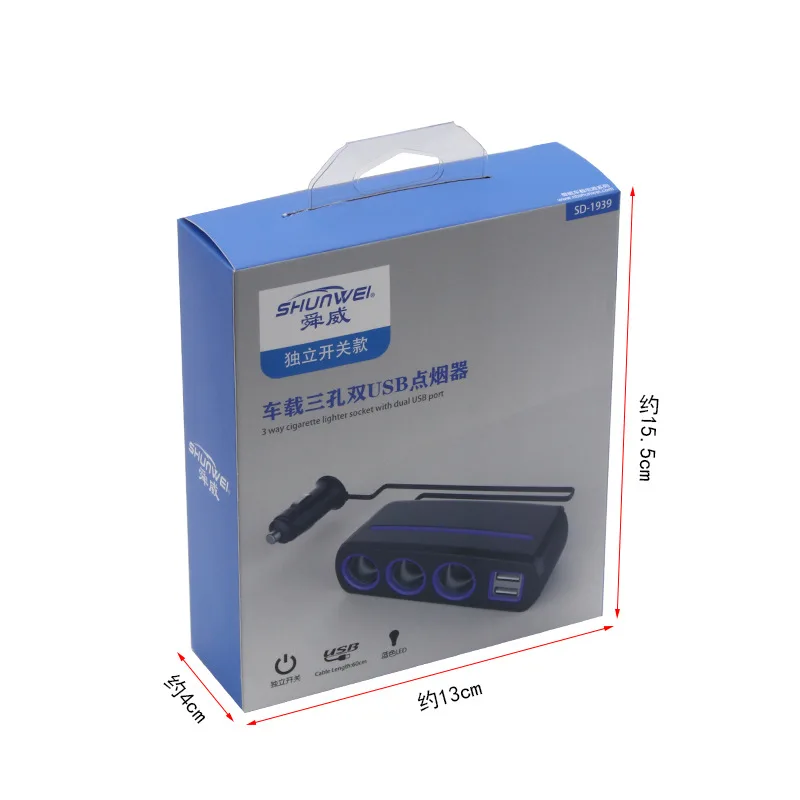 

Shunwei Car Phone Charger Double USB Car Charger Separate Switch One in Three Cigarette Lighter Socket Sd-1939
