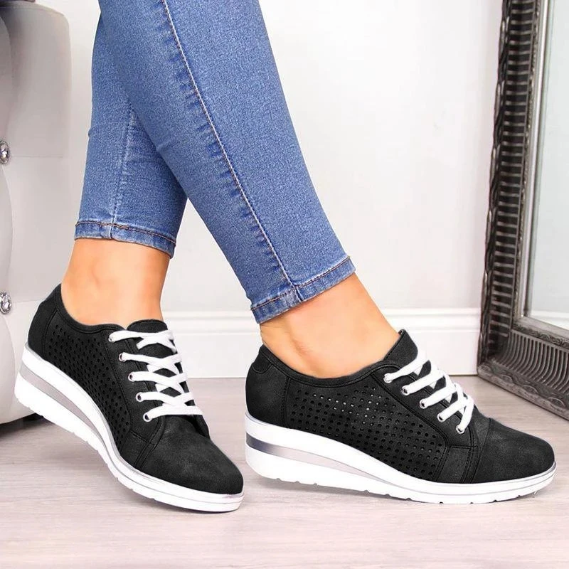 Adisputent Summer Women Wedge Flats Shoes Female Hollow Breathable Mesh Casual Shoes For Ladies Lace Up Flats Loafers Shoes