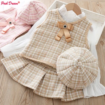 

Girls Fashion Clothing Set Vest children's Pleated Skirt Hat 3 Pieces Suit For Baby Plaid Jacket Outfit Autumn Kids Pretty Cloth