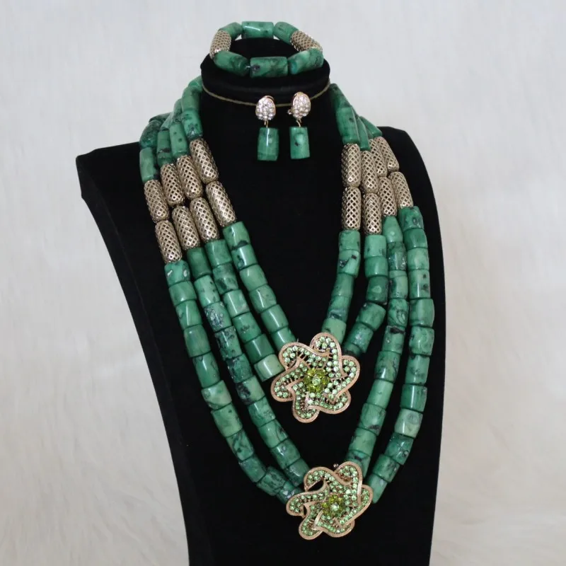 4UJewelry африканские украшения набор зеленое украшение с коралловыми бусинами набор с золотым разделителем 4 слоя нигерийский Свадебный набор ожерелье