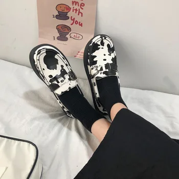 

2020 autumn New Cow Spotted Platform Loafers Japanese British Style Small Shoes Simple and All-match Shoes women oxford shoes