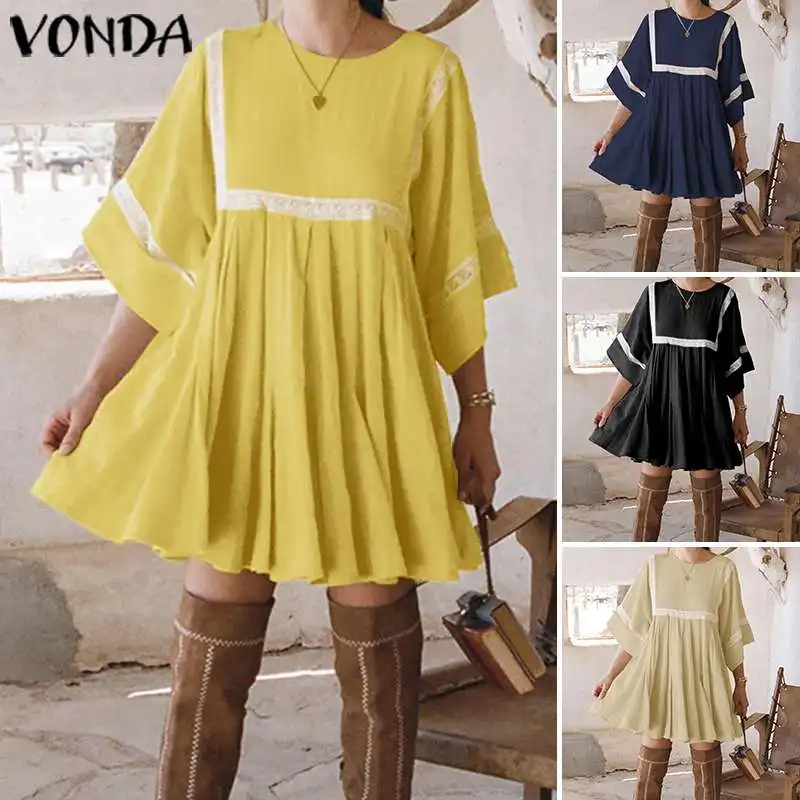 Осеннее платье VONDA женское повседневное свободное мини платье Короткие Vestidos Стильные с расклешенными рукавами плюс размер сексуальные оборки вечерние платья 5XL