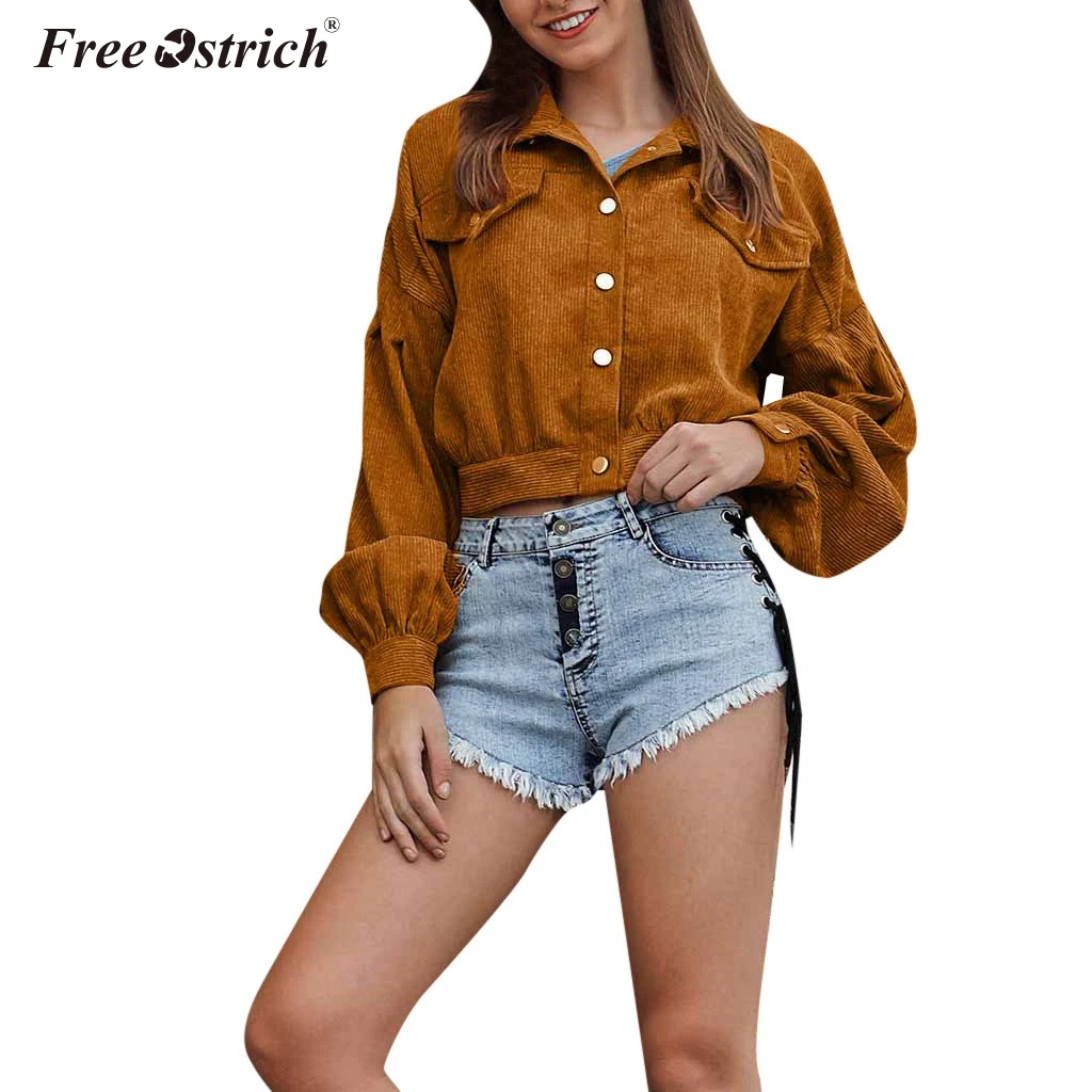 

Free Ostrich 2019 Sexy Jackets Women Button turn-down Collar Solid Long Sleeve Vintage Jacket Loose Autumn Coat N30