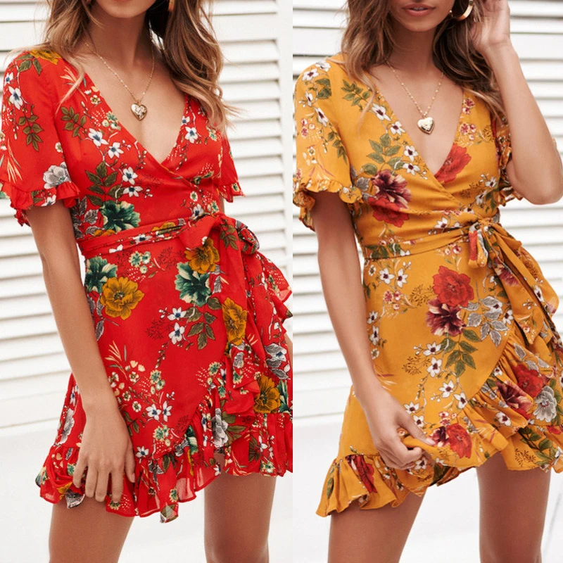 Robe rouge red floral dress sexy short mini summer vintage moda feminina vestito donna woman clothes frocks ropa mujer tunic new