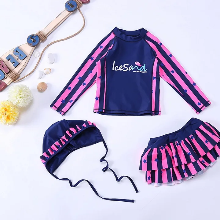 Navy Stripe PERONA детский купальный костюм для девочек с длинными рукавами и защитой от ультрафиолета, Быстросохнущий купальный костюм для серфинга из двух предметов, детский солнцезащитный купальник, пляжная одежда - Цвет: Navy Stripe