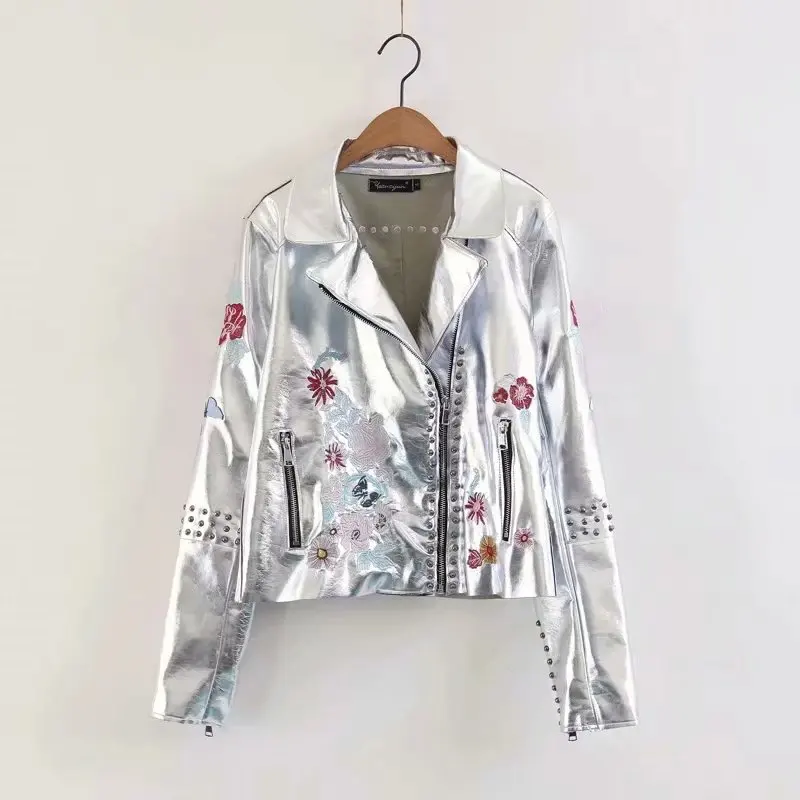 silver Женская Осенняя куртка из искусственной кожи, модные женские элегантные байкерские куртки с вышивкой и заклепками на молнии для зимы и осени - Цвет: silver