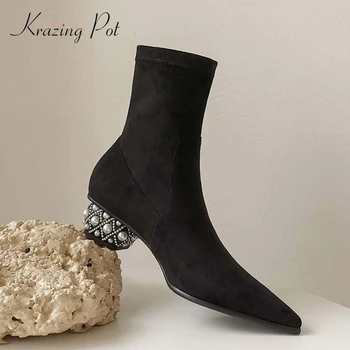 

krazing pot hot simple style pear decorations all-match med strange heel pointed toe zipper shiny handmade noble ankle boots L73