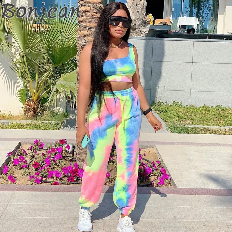 

BONJEAN 2020 Two Pieces Set Women High Quality New Design Clothes Print Multi Color Tank Tops Long Pants Elastic Summer Outfits