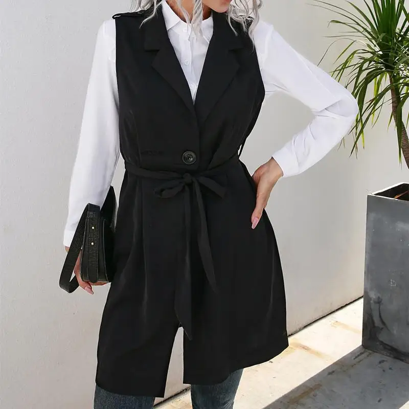 Women 2021 Vintage Fashion Coat Waistcoat Single Breasted With Belt Pockets Female Outerwear Chic Vest rab coat womens