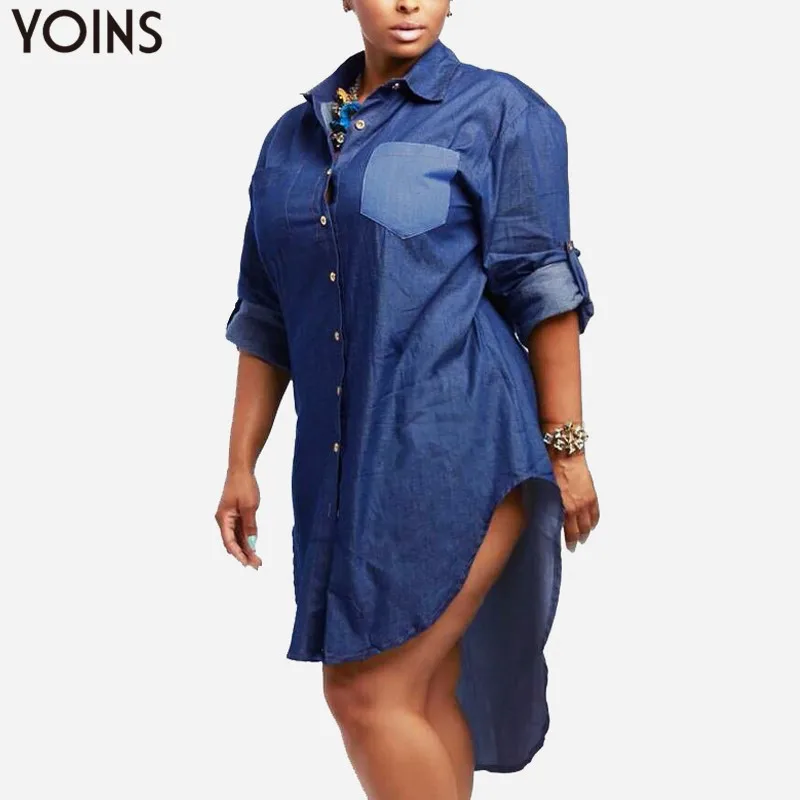 

2019 Autumn ZANZEA Women Denim Vintage Lapel Long Sleeve Irregular Hem Long Jeans Blouse Shirt Plus Size Oversized Dress