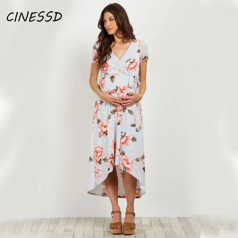 

Maternity Photography Dress Summer Floral Printed Pregnancy Clothes Women V-neck Dresses with Belt Maternity Photo Shoot Dress
