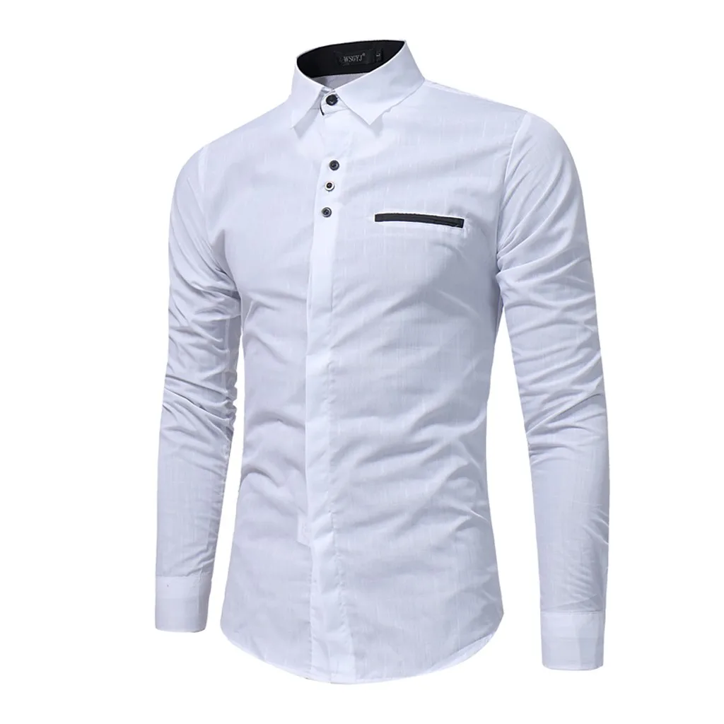Для Мужчин's Повседневное с отложным воротником на пуговицах Slim Fit Тап и рубашка с длинным рукавом Блузка - Цвет: Белый