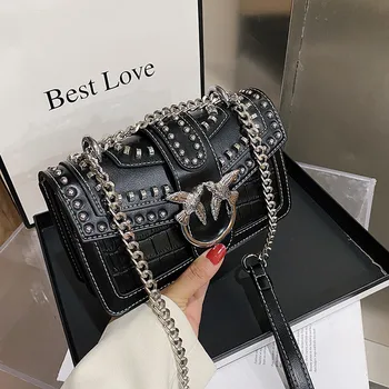 

2020 New Fashion Rivet Chain Shoulder Messenger Bags Niche Design Metal Swallow Women Handbags High Quality Small Square Bags