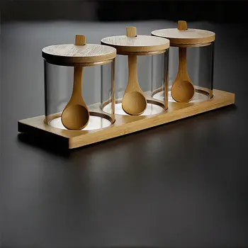 

Kitchen Straight Glass Seasoning Jar Set Household Glass Seasoning Box Seasoning Bottle Salt Shaker Bamboo Cover Three-piece