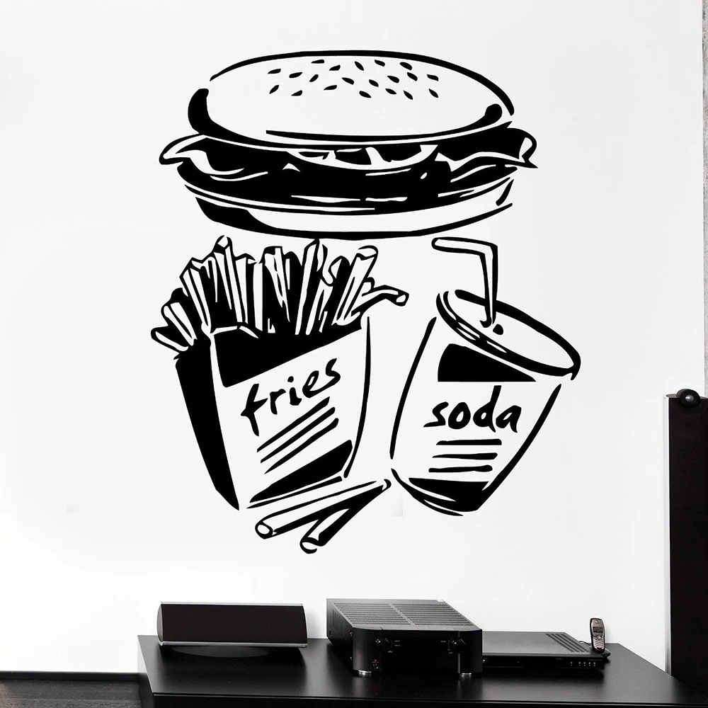 Big hamburger Wall Sicker Fast Food Fries Soda Burger Restaurant Wall Decal Window Decor Pop Art Decal 7560