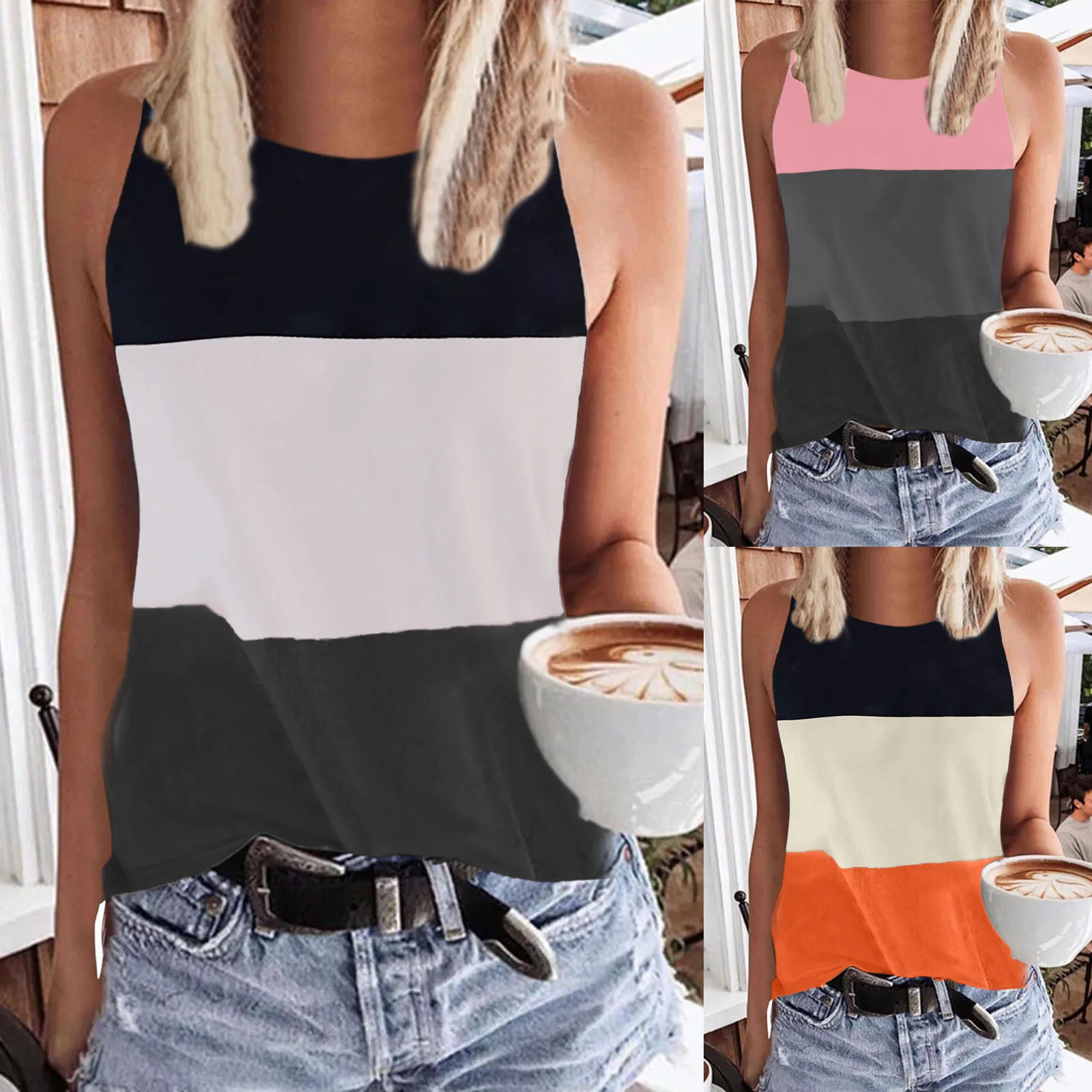 Summer Women Sleeveless V Neck Workout Tops Splicing Running Casual