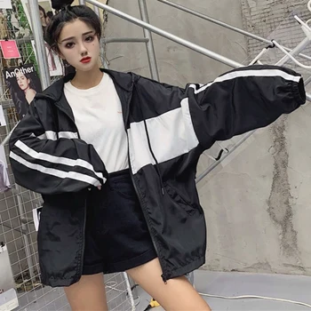 

Jacket Women Windbreaker Coat Loose Outdoor Color Matching Thin Coat Cotton Sunscreen Long Sleeve Zipper Jacket