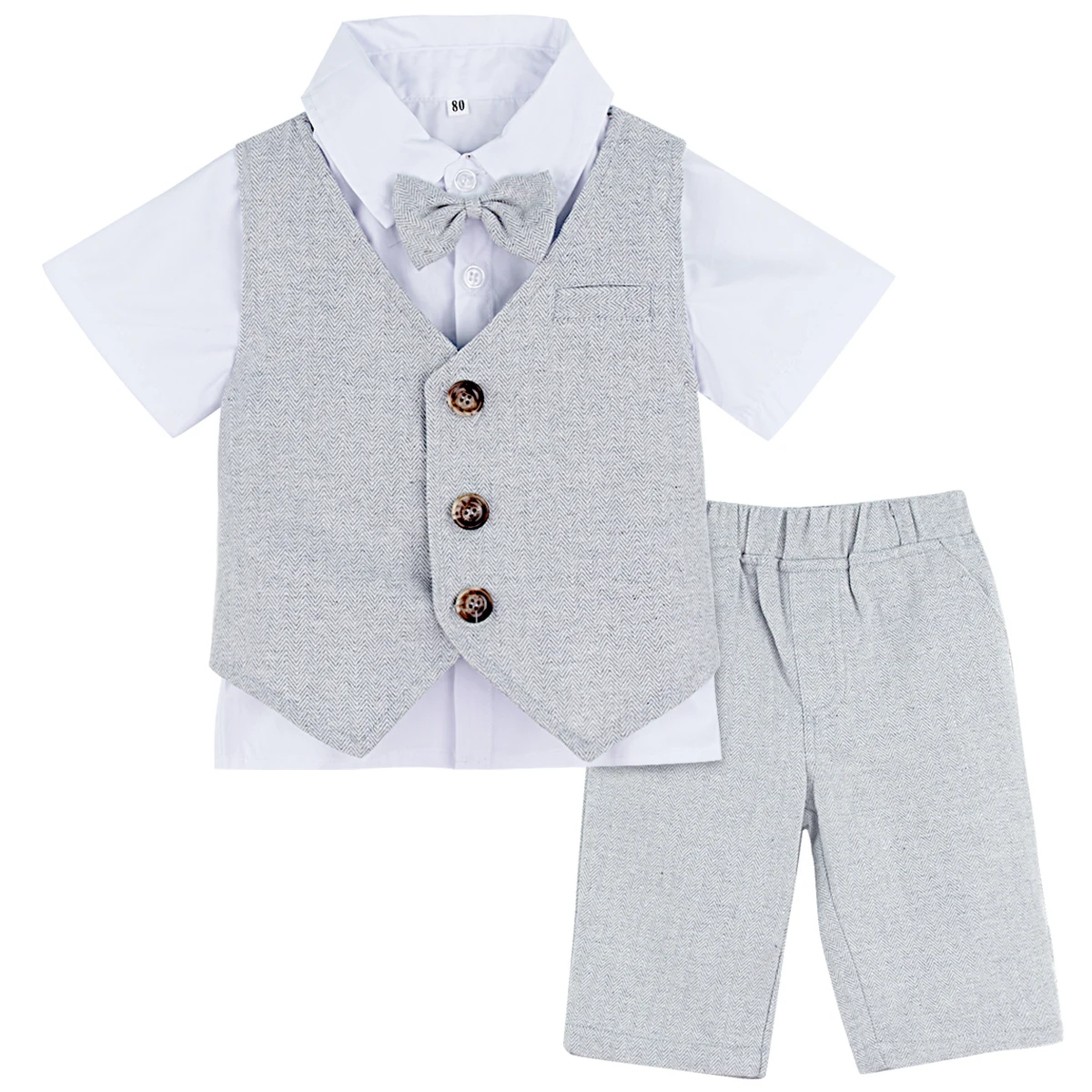 Одежда для маленьких мальчиков деловой костюм джентльмена комплект одежды для малышей, белая рубашка с бантом, бандана, жилет, комплект из 4 предметов для свадебной вечеринки - Цвет: Light Gray