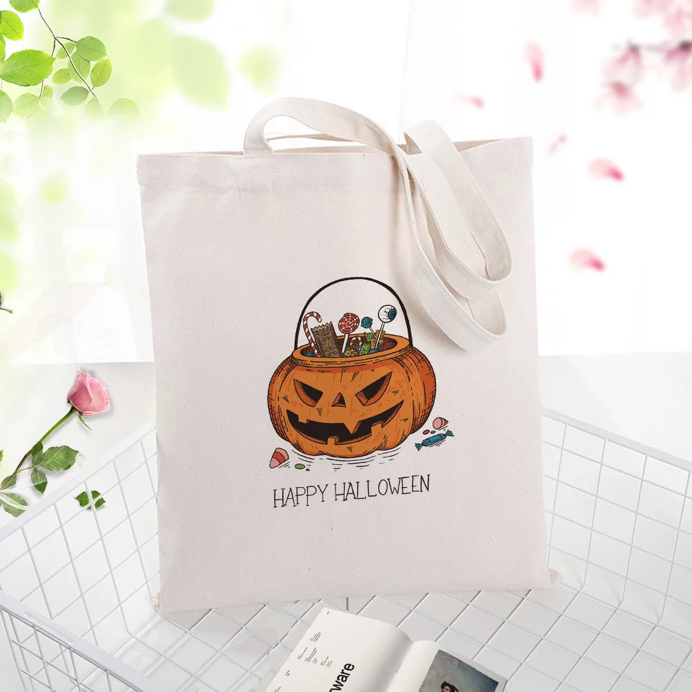 HALLOWEEN023 Брезентовая Сумка На Хэллоуин, детский подарок, конфетная сумка, текст, сделай сам, на заказ, напечатанная сумка для покупок с логотипом, эко многоразовая сумка, переработанная - Цвет: HALLOWEEN023